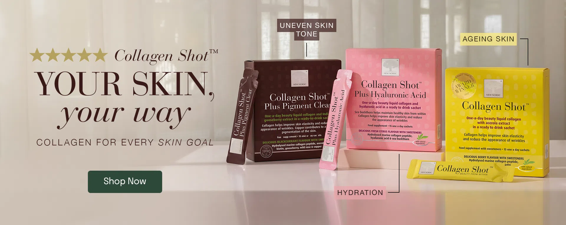 New Nordic Collagen Shot™ range featuring three targeted liquid collagen formulas for ageing skin, hydration and uneven skin tone with a Shop Now button.