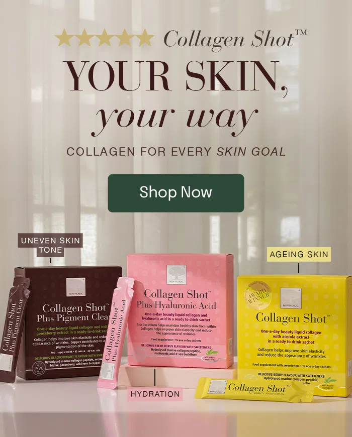 New Nordic Collagen Shot™ range featuring three targeted liquid collagen formulas for ageing skin, hydration and uneven skin tone with a Shop Now button.