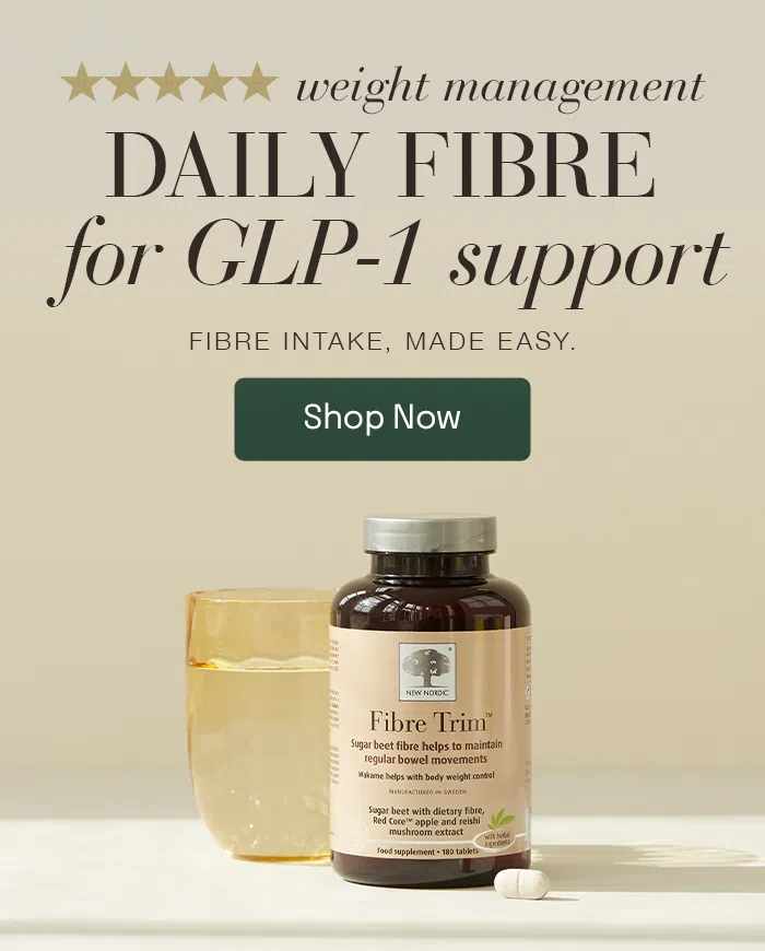 Homepage banner showing a bottle of Fibre Trim™ fibre supplement beside a glass of water with messaging about daily fibre and GLP-1 support.