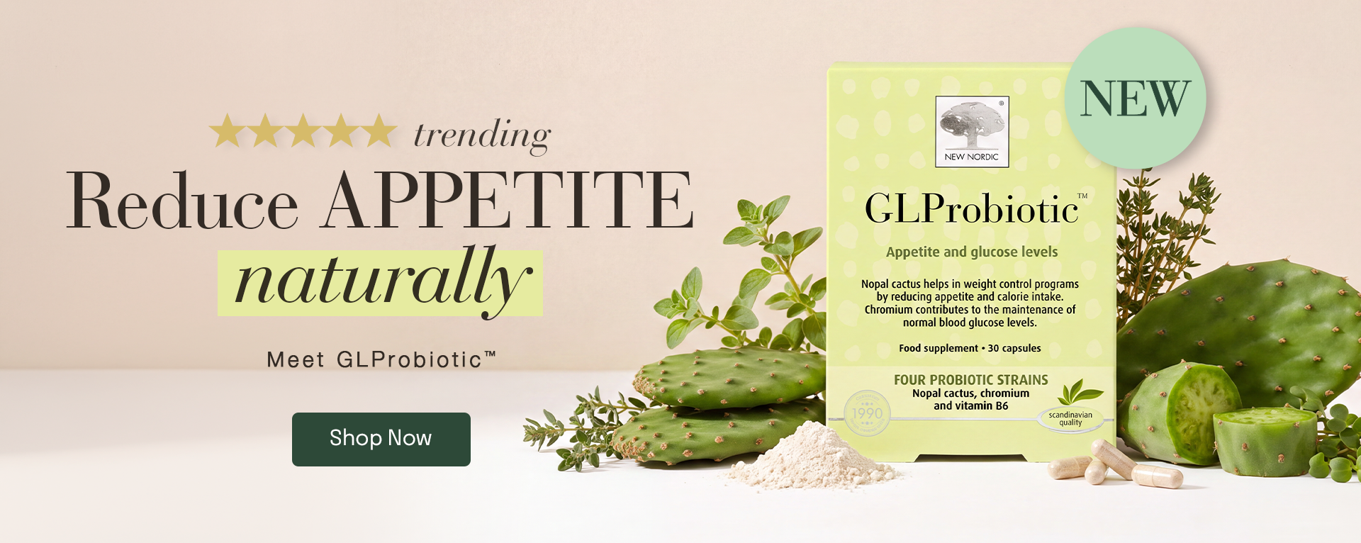GLProbiotic™ supplement with nopal cactus, promoting natural appetite reduction and weight management.