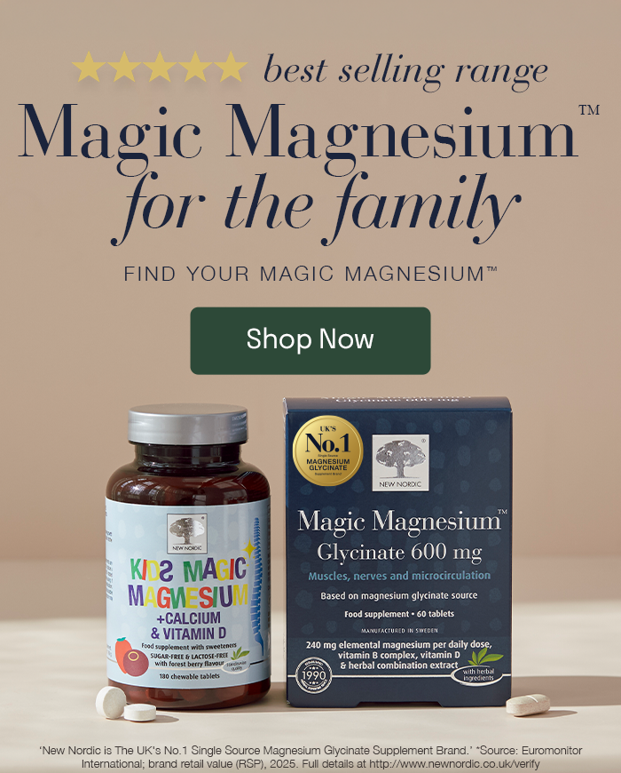 New Nordic Magic Magnesium™ family range banner featuring Kids Magic Magnesium™ and the UK’s No.1 Magic Magnesium™ Glycinate, with five-star rating.