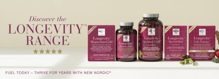 New Nordic Longevity™ range featuring Magnesium Gold, Creatine Gold Tablets and Gummies, Spermidine and Life Energy, with the message “Fuel Today – Thrive for Years.”