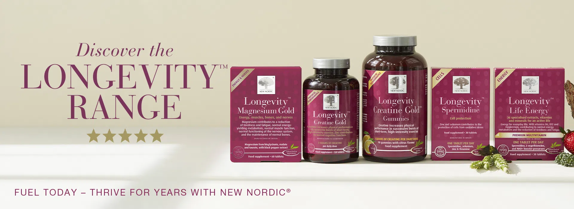 New Nordic Longevity™ range featuring Magnesium Gold, Creatine Gold Tablets and Gummies, Spermidine and Life Energy, with the message “Fuel Today – Thrive for Years.”