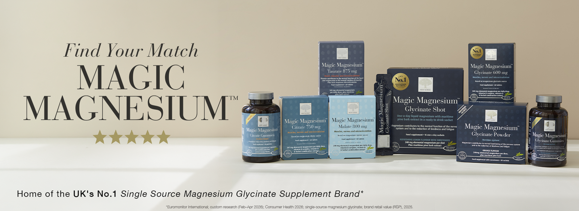 New Nordic Magic Magnesium™ supplement range, including Glycinate, Citrate, Malate and Taurate, with UK’s No.1 Single-Source Magnesium Glycinate Supplement Brand claim.
