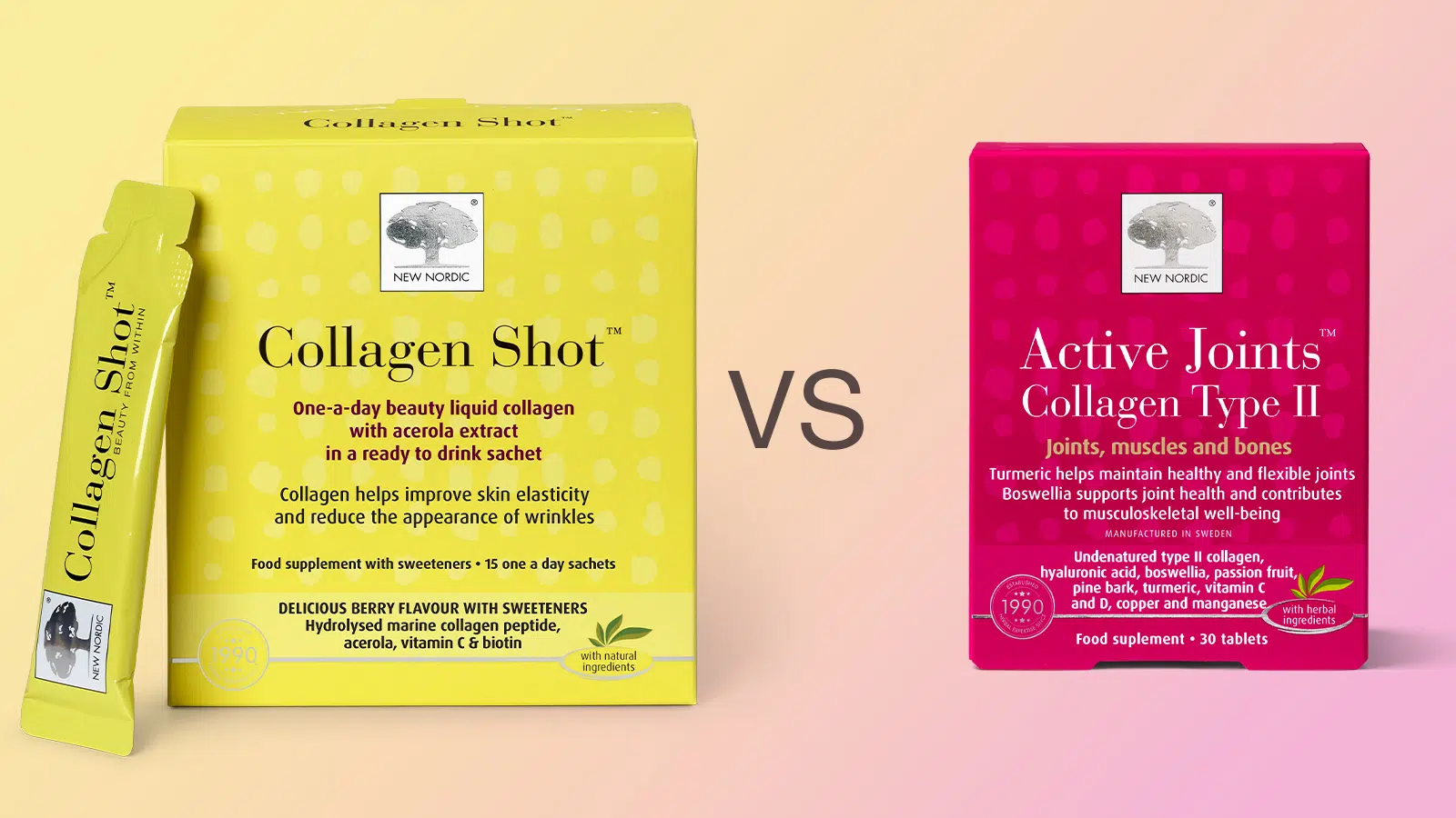 New Nordic Collagen Shot™ and Active Joints™ Collagen Type II food supplements displayed side by side.