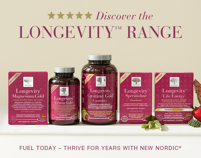 New Nordic Longevity™ range featuring Magnesium Gold, Creatine Gold Tablets and Gummies, Spermidine and Life Energy, with the message “Fuel Today – Thrive for Years.”
