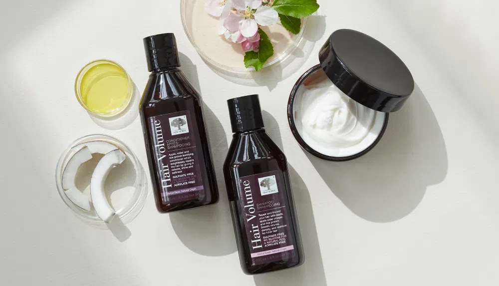 New Nordic Hair Volume™ shampoo, conditioner and repair mask with coconut and botanical ingredients.