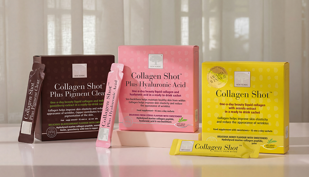New Nordic Collagen Shot™ range, including Original, Plus Hyaluronic Acid and Plus Pigment Clear, displayed with individual collagen sachets.