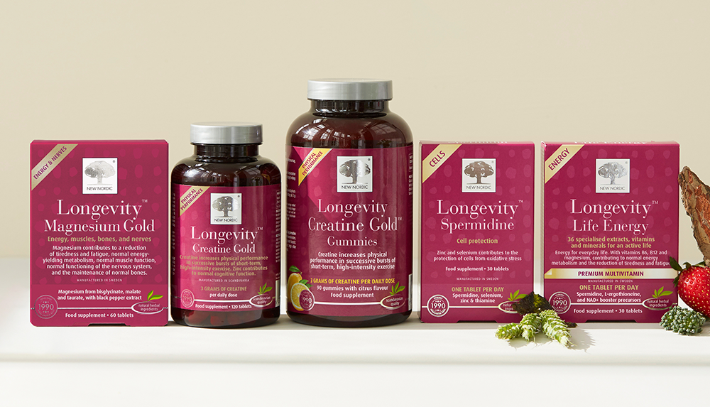 New Nordic Longevity™ supplement range featuring Magnesium Gold™, Creatine Gold™ Tablets, Creatine Gold™ Gummies, Spermidine™ and Life Energy™ for healthy ageing.