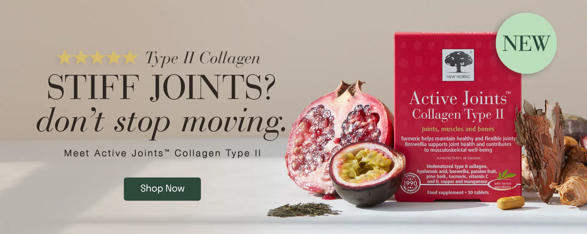 Active Joints™ Collagen Type II supplement with botanical ingredients, promoting support for stiff joints and everyday movement.