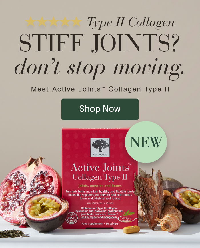 Active Joints™ Collagen Type II supplement with botanical ingredients, promoting support for stiff joints and everyday movement.