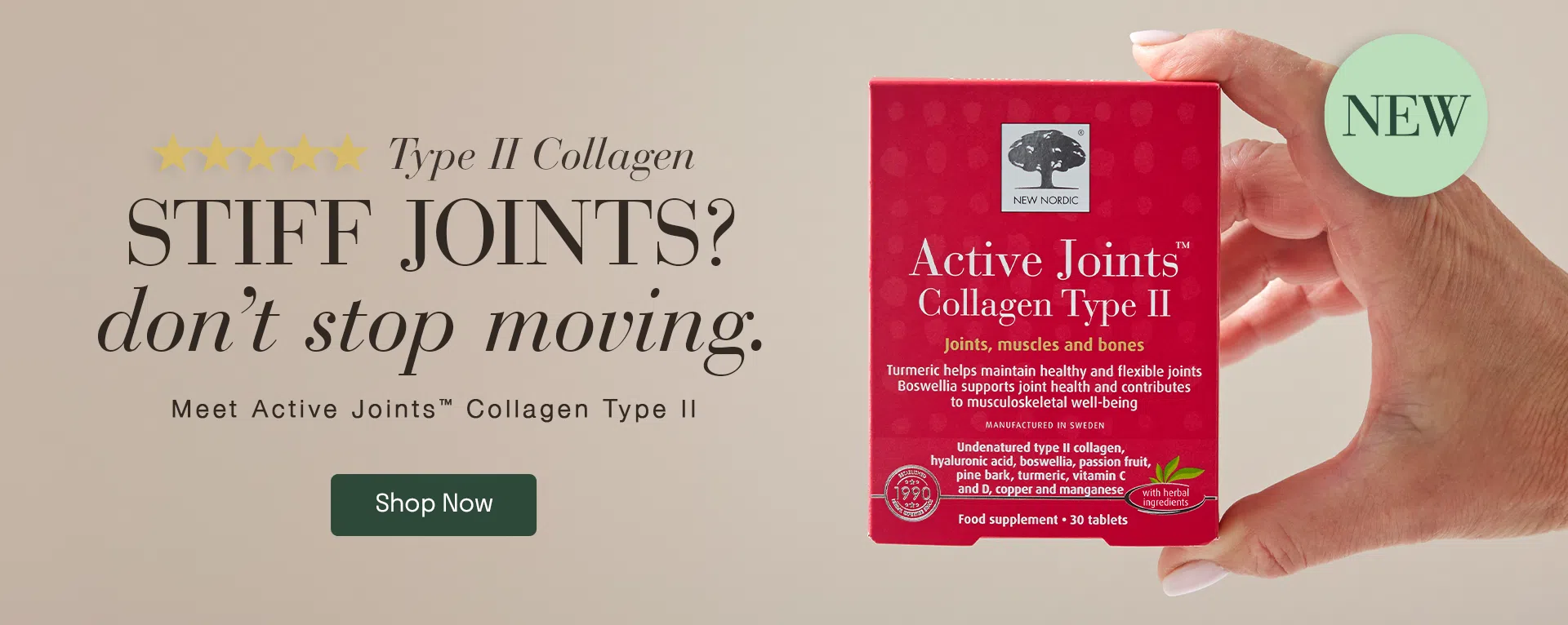 Active Joints™ Collagen Type II supplement with turmeric and botanical ingredients, promoting support for stiff joints and movement.