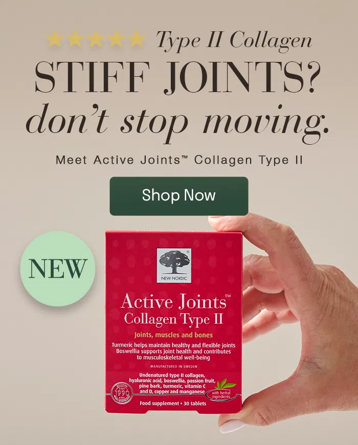 Active Joints™ Collagen Type II supplement with turmeric and botanical ingredients, promoting support for stiff joints and movement.