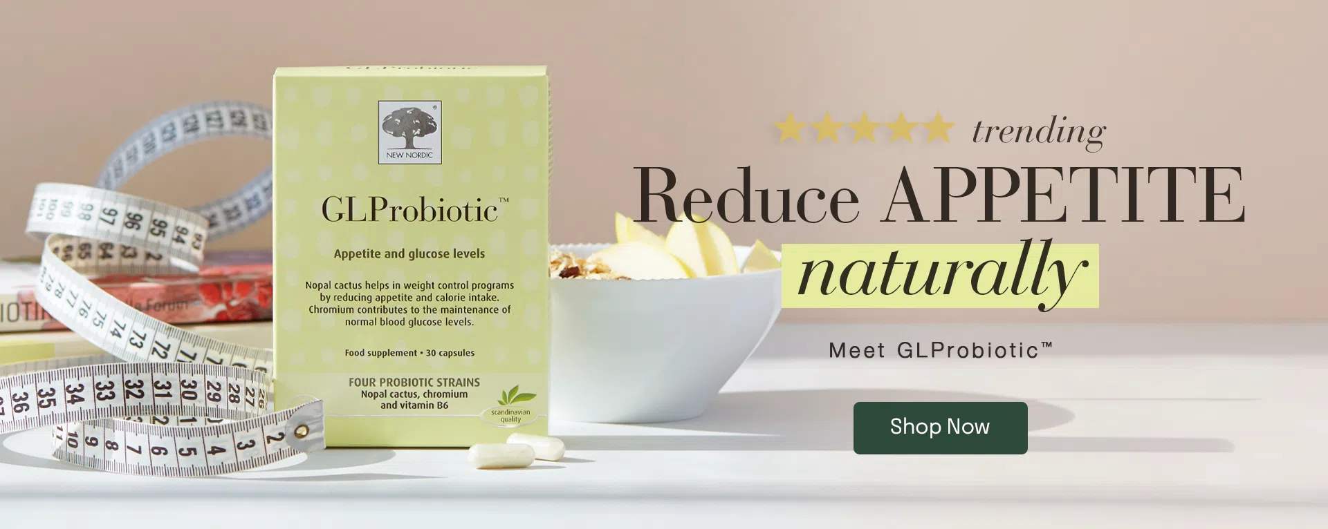 GLProbiotic™ supplement beside a measuring tape and breakfast bowl, promoting a natural approach to appetite and weight management.