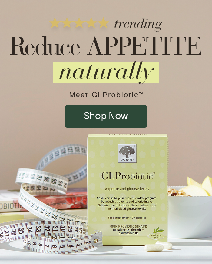 GLProbiotic™ supplement beside a measuring tape and breakfast bowl, promoting a natural approach to appetite and weight management.