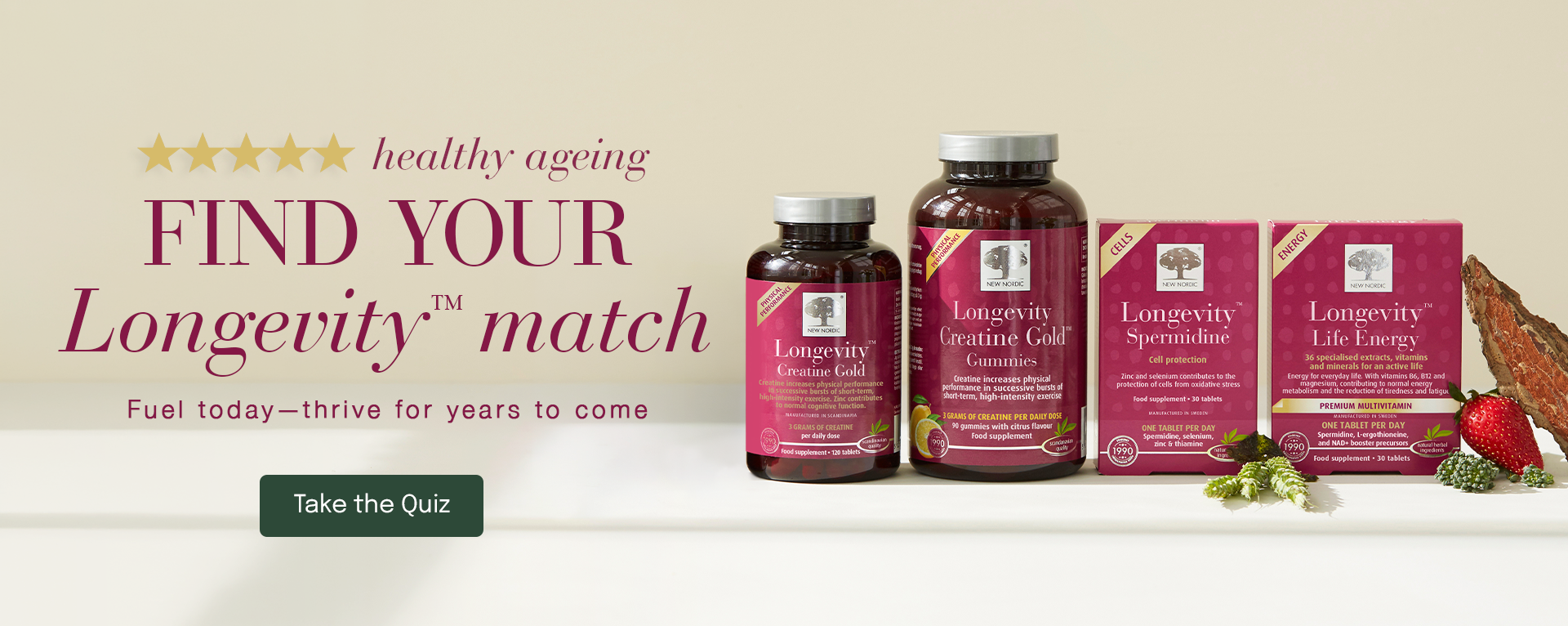 New Nordic Longevity™ range featuring Creatine Gold™, Spermidine Cell Protection™ and Life Energy™, promoting the Find Your Longevity™ Match quiz.