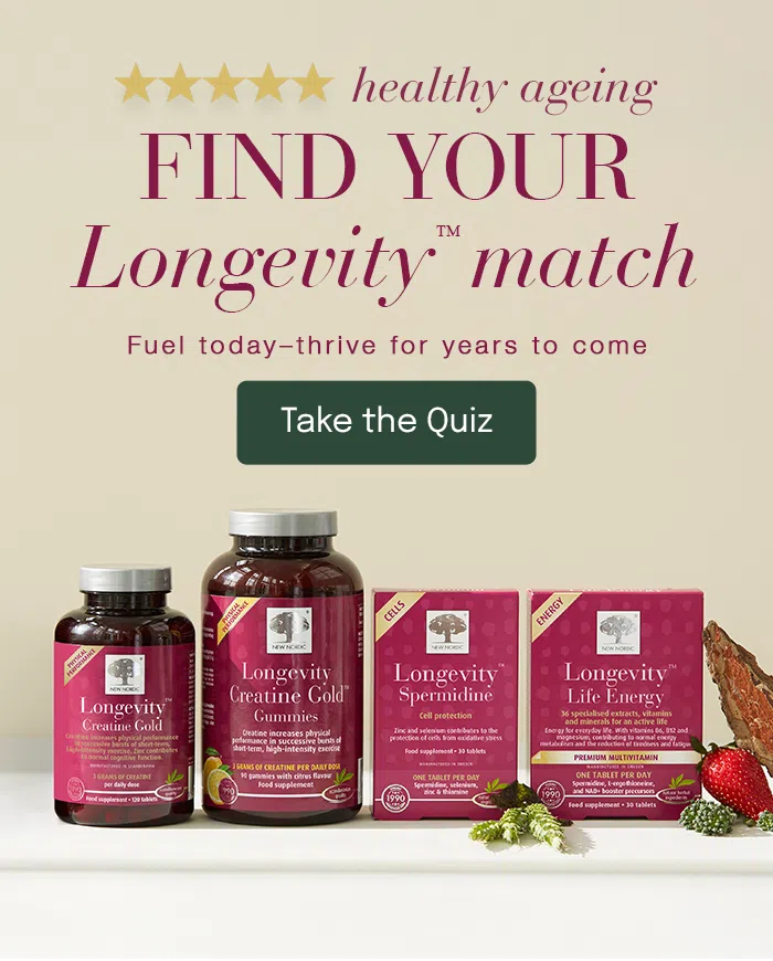 New Nordic Longevity™ range featuring Creatine Gold™, Spermidine Cell Protection™ and Life Energy™, promoting the Find Your Longevity™ Match quiz.