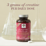 New Nordic Longevity™ Creatine Gold with laboratory glassware, providing 3 grams of creatine per daily dose.