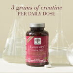 New Nordic Longevity™ Creatine Gold with laboratory glassware, providing 3 grams of creatine per daily dose.