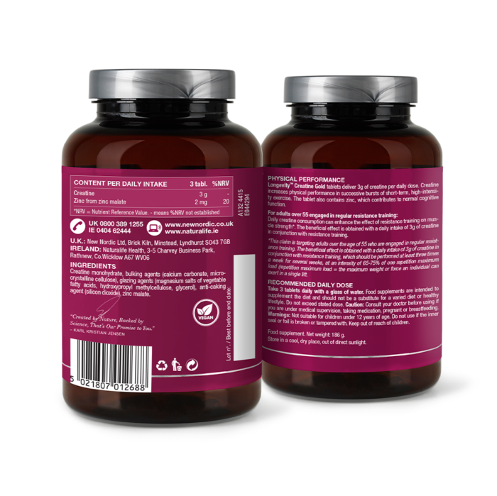 Back of New Nordic Longevity™ Creatine Gold packaging with ingredients, daily dose and nutritional information.