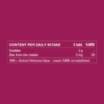 Nutritional information for 3 tablets with 3 g creatine and 2 mg zinc per daily intake.
