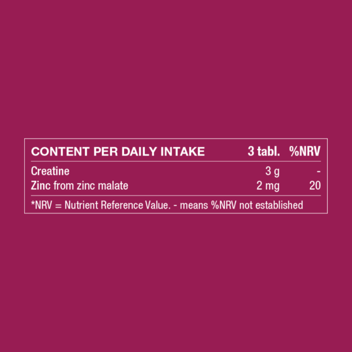 Nutritional information for 3 tablets with 3 g creatine and 2 mg zinc per daily intake.