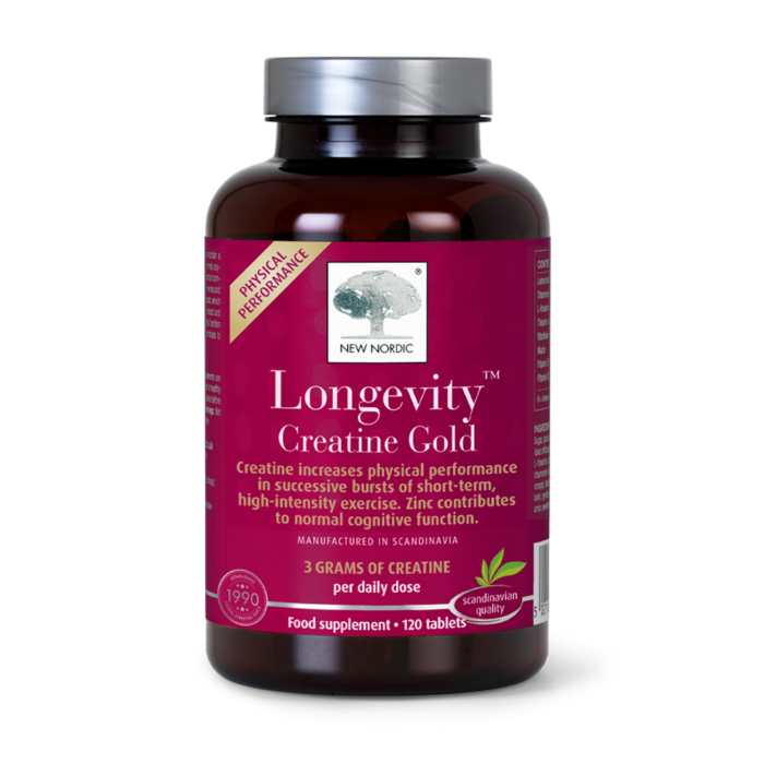 New Nordic Longevity™ Creatine Gold food supplement with 120 tablets and 3 grams of creatine per daily dose.