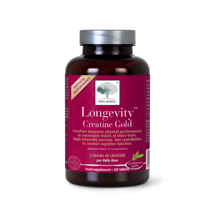 w_LongevityCreatineGold_90_Front_UK_Tile1 New Nordic Longevity™ Creatine Gold food supplement with 120 tablets and 3 grams of creatine per daily dose.