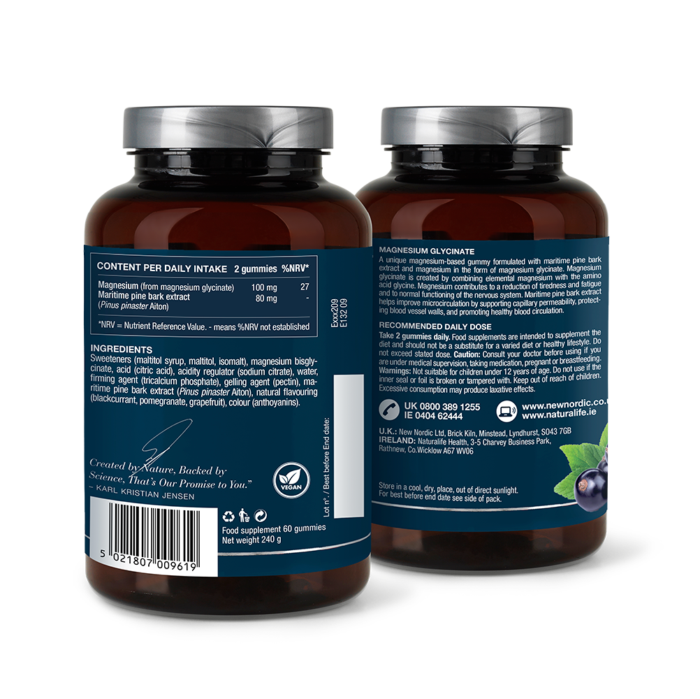 Back of New Nordic Magic Magnesium™ Glycinate Gummies packaging with ingredients, daily dose and nutritional information.