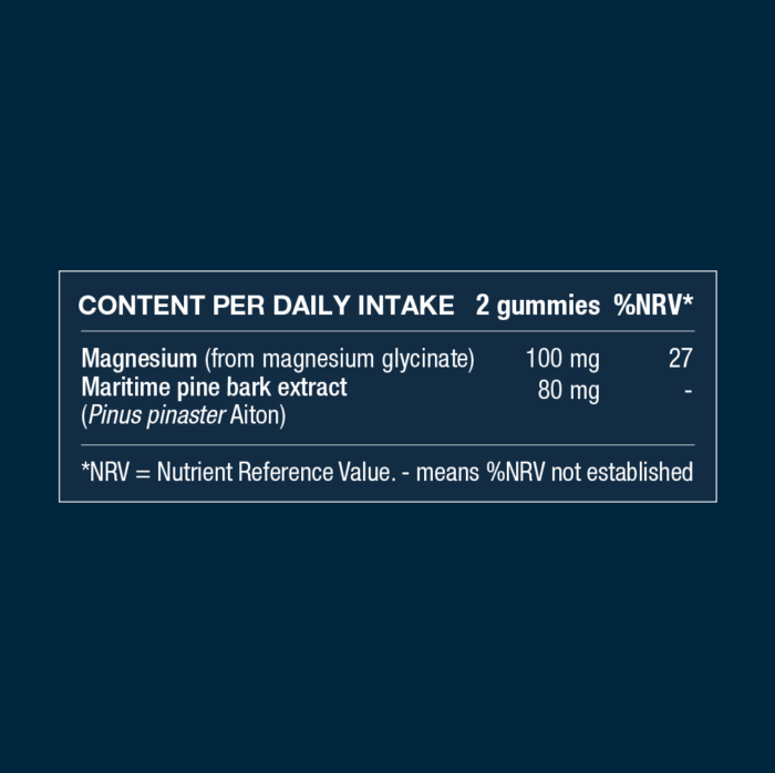 Nutritional information for 2 gummies with 100 mg magnesium and 80 mg maritime pine bark extract.