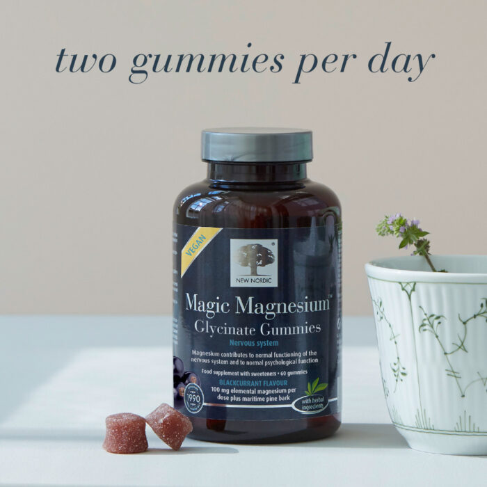 New Nordic Magic Magnesium™ Glycinate Gummies with two gummies, showing the recommended daily dose.