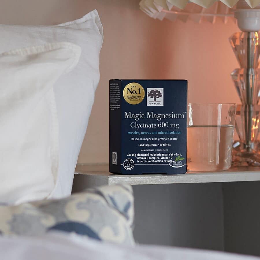 Magnesium supplement on bedside table