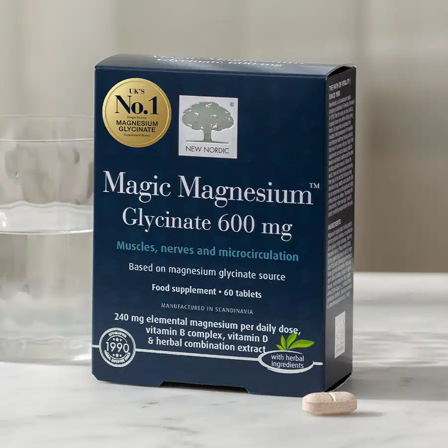 Magic Magnesium Glycinate supplement box with tablet and glass