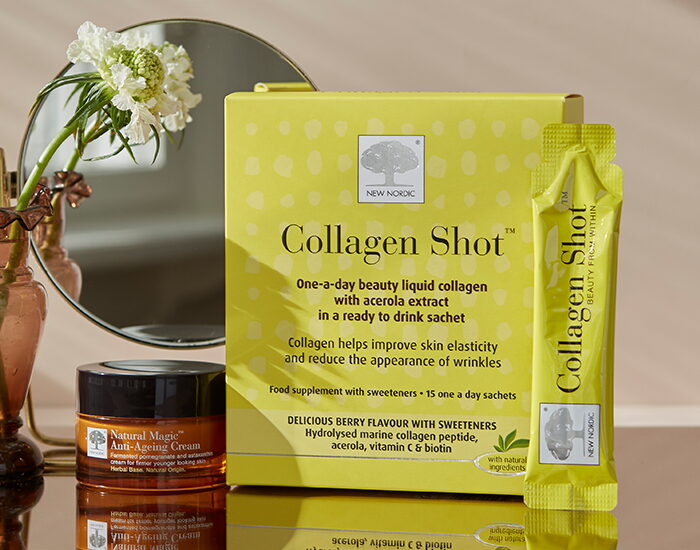 New Nordic Collagen Shot™ and Natural Magic™ Anti-Ageing Cream displayed together, representing the Beauty In & Out™ approach to beauty.