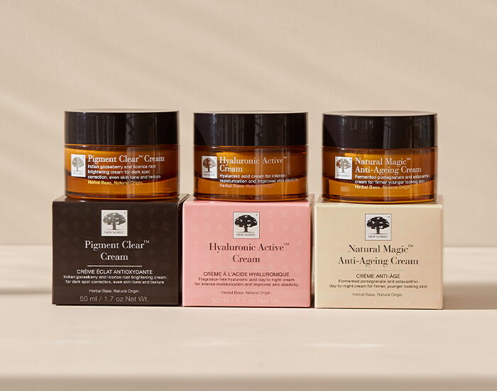 New Nordic Pigment Clear™, Hyaluronic Active™ and Natural Magic™ Anti-Ageing face creams, representing Scandinavian skincare and S-Beauty.