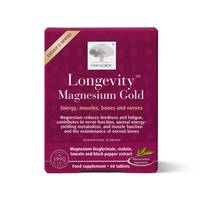 w_LongevityMagnesiumGold_30_Front_UK_Tile1 New Nordic Longevity Magnesium Gold™ food supplement with three forms of magnesium, black pepper extract and 60 tablets.