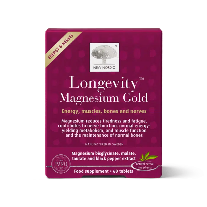 New Nordic Longevity Magnesium Gold™ food supplement with three forms of magnesium, black pepper extract and 60 tablets.