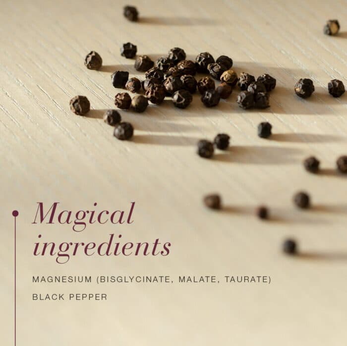 Black peppercorns highlighting the ingredients in New Nordic Longevity Magnesium Gold™: three forms of magnesium and black pepper.