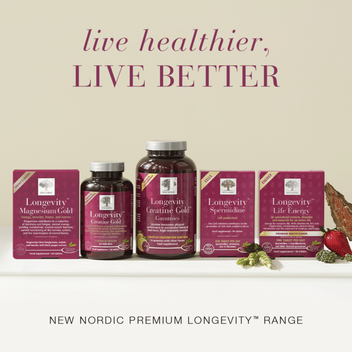 New Nordic Premium Longevity™ range featuring Magnesium Gold™, Creatine Gold™, Creatine Gold Gummies, Spermidine and Life Energy™.