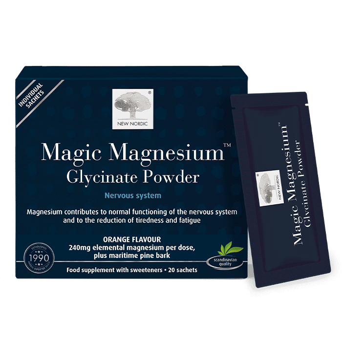 New Nordic Magic Magnesium™ Glycinate Powder with orange flavour, 240 mg magnesium per dose and 20 sachets.